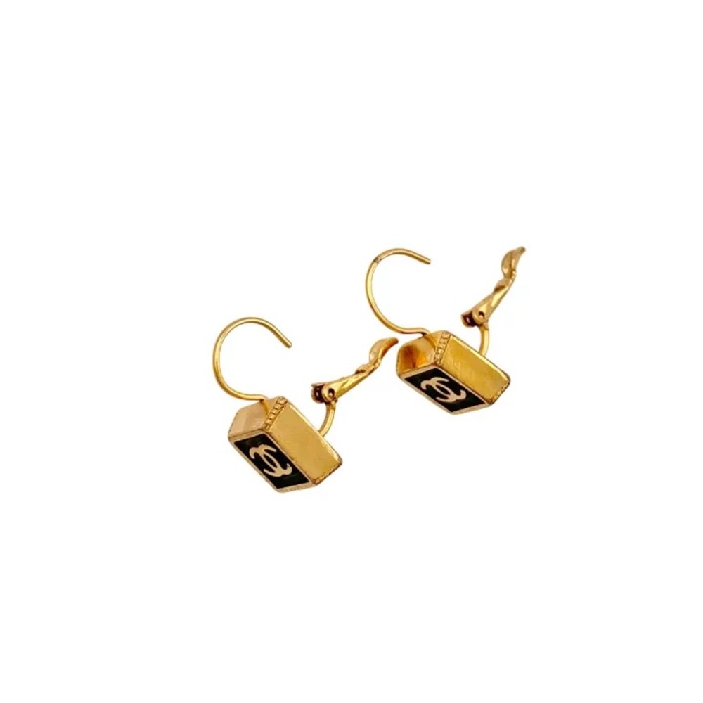 Authentic CHANEL square black gold drop earrings - Picture 4 of 4